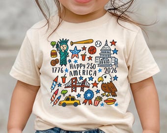 Happy 250 T-Shirt, 1776-2026 USA 250th Anniversary Shirt, Kids Doodle Patriotic USA Tee