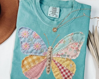 Comfort Colors® Faux Patchwork Butterfly Shirt, Spring Butterfly Shirts, Easter Shirts for Women, Floral Spring Patchwork, Gifts for Her