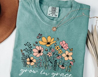 Comfort Colors® Christian Tee, Grow In Grace Shirt, Grow in Grace with Wildflowers, Christian Shirt, Religious Shirt, Bible Verse Shirt