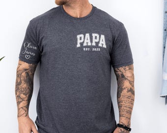 Personalized Papa Est Year T-shirt, Custom Children Names on Sleeve Shirt, Papa Est 2025 2024, Father's Day Gift, New Papa, Daddy Shirt