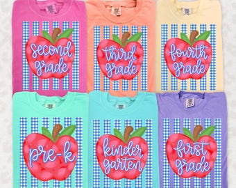 Comfort Colors® Personalized Striped Teacher Apple Shirt, Teach Love Inspire, Pre-K To Fourth Grade Shirt, Back To School, Pink Gingham