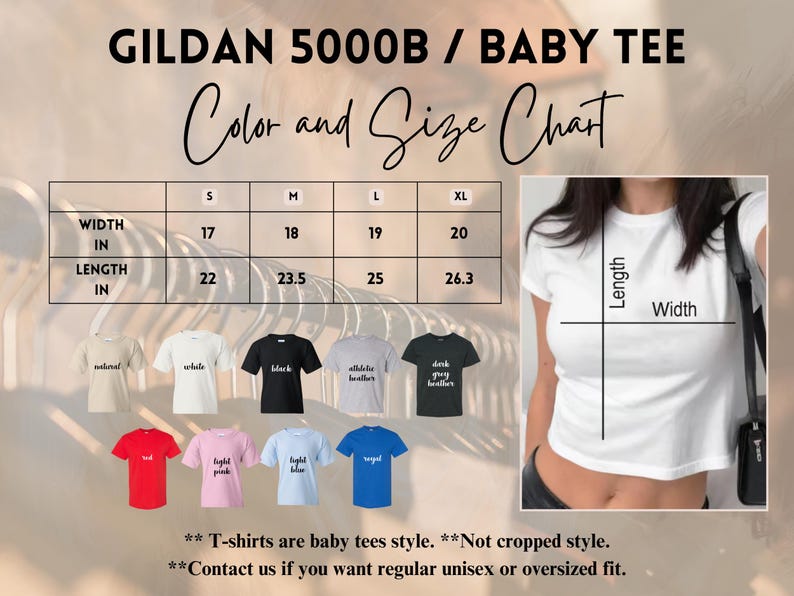 Puede incluir: Tabla de colores y tallas para camisetas de beb&eacute; Gildan 5000B. La tabla muestra las medidas de ancho y largo en pulgadas para las tallas S, M, L y XL. Se muestran varios colores de camisetas, incluyendo natural, blanco, negro, gris atl&eacute;tico, rojo, rosa claro, azul claro y royal.