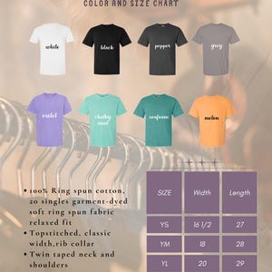 May include: A size chart for unisex youth t-shirts in various colors, including white, black, pepper, grey, violet, chalky mint, seafoam, and melon. The chart shows the width and length of the shirts in inches for sizes YS, YM, YL, and XXL. The fabric is 100% ring spun cotton, 20 singles garment-dyed soft ring spun fabric, relaxed fit. The shirts are topstitched with a classic width, rib collar, twin taped neck and shoulders, and twill label.