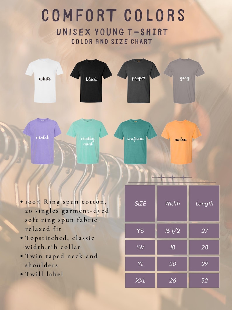 May include: A size chart for unisex youth t-shirts in various colors, including white, black, pepper, grey, violet, chalky mint, seafoam, and melon. The chart shows the width and length of the shirts in inches for sizes YS, YM, YL, and XXL. The fabric is 100% ring spun cotton, 20 singles garment-dyed soft ring spun fabric, relaxed fit. The shirts are topstitched with a classic width, rib collar, twin taped neck and shoulders, and twill label.