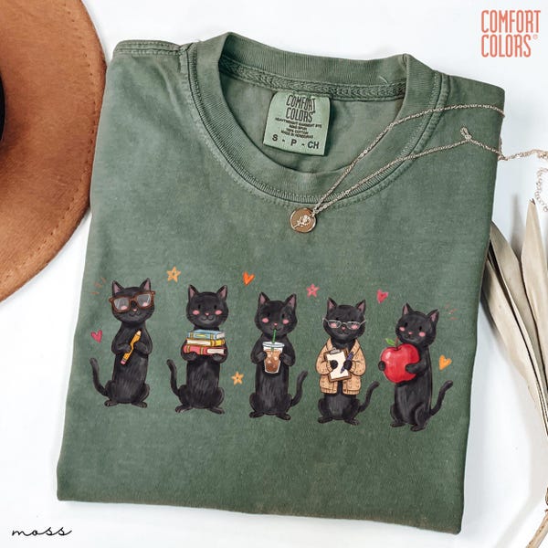 Comfort Colors® Black Cat Teacher Shirt, First Day of School Tee, Cute Teacher Appreciation Gift, Funny Back to School Gift, Book Lover Tee