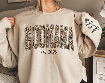 Sweat-shirt marraine léopard personnalisé avec nom d'enfant sur la manche, sweat-shirt marraine personnalisé, cadeau pour marraine, cadeau de Noël marraine
