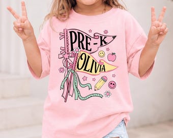 Personalized Girls Cute Pre-K Back To School Shirt, Bows and Pencil, First Day of School Tee, Custom Kids T-Shirt