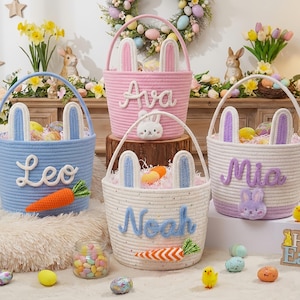 Panier de Pâques personnalisé,Panier prénom personnalisé pour enfants,Cadeau de Pâques pour enfants,Panier cadeau chasse aux oeufs de Pâques,Panier bébé corde en coton,Panier lapin