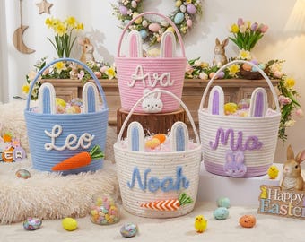 Canasta de Pascua personalizada, canasta con nombre personalizado para niños, regalo de Pascua para niños, canasta de regalo de búsqueda de huevos de Pascua, canasta de bebé de cuerda de algodón, canasta de conejito
