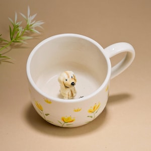 Custom Pet Mug with 3D Dog Figurine, Personalized Dog Name Cup, Handmade Flower Mug, Custom Dog Gift for Pet Lovers, Cute Floral Ceramic Mug