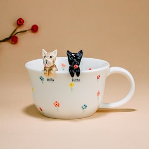Custom Cat Cup with Cat Figurine, Handmade Ceramic Mug, Custom Pet Mug, Personalized Gift, Cute Aesthetic Flower Design Mug, Birthday Gifts