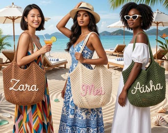 Bolso de playa personalizado, bolso de playa de ganchillo con nombre para mamá, bolsas de regalo para damas de honor, bolso de playa de viaje, regalo de recuerdo de boda, regalo para ella.