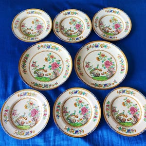Platos vintage Spode Copeland Peacock: Juego de almuerzo y ensalada pintados a mano