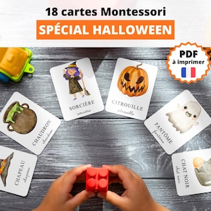 May include: Montessori Halloween flashcards featuring illustrations of a witch, pumpkin, cauldron, ghost, hat, and black cat. The cards are arranged on a gray wooden surface with toy blocks and a toy truck.