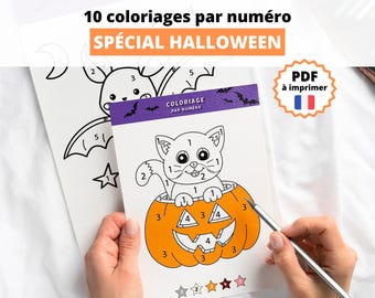 Puede incluir: Un libro para colorear con temática de Halloween con un gato en un diseño de calabaza. La portada dice "10 colorings por número, Especial Halloween". La imagen incluye un lápiz y un icono PDF con la bandera francesa.