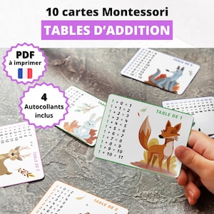Tables d'addition à imprimer en français | Cartes éclairs Montessori | Maths CP CE1 CE2 |  Autocollants d'animal de la forêt pour enfants