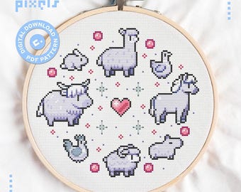 Fields of Mistria Farm Animal Cross Stitch Pattern - Modern, Whimsical, Pink and Purple - Easy for Beginners - PDF Instand Download