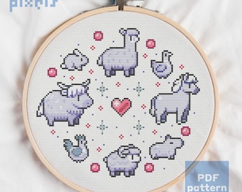 Fields of Mistria Farm Animal Cross Stitch Pattern - Modern, Whimsical, Pink and Purple - Easy for Beginners - PDF Instand Download
