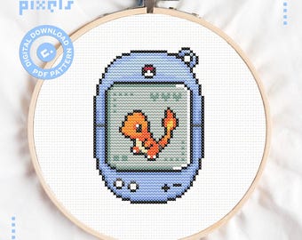Tamagotchi Charmander Cross Stitch Pattern - Cute Gaming Pokemon Gen 1 - Beginner Friendly - PDF Instant Download