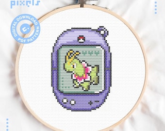 Tamagotchi Meganium Cross Stitch Pattern - Cute Gaming Pokemon Gen 2 - Beginner Friendly - PDF Instant Download