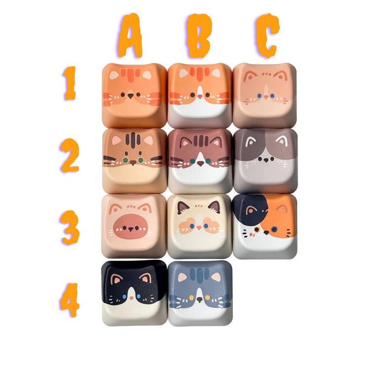 Peut inclure: Douze touches de clavier carr&eacute;es, chacune avec un design de visage de chat diff&eacute;rent. Les touches sont dispos&eacute;es en grille de trois colonnes et quatre rang&eacute;es. Les visages de chat sont de diff&eacute;rentes couleurs, dont orange, marron et gris.