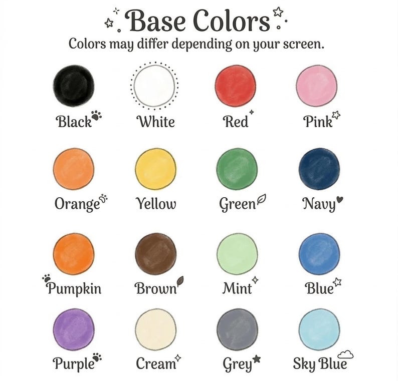 Peut inclure: Un nuancier intitul&eacute; "Base Colors" avec 16 &eacute;chantillons de couleurs. Les couleurs incluent le noir, le blanc, le rouge, le rose, l'orange, le jaune, le vert, le marine, la citrouille, le marron, la menthe, le bleu, le violet, la cr&egrave;me, le gris et le bleu ciel.
