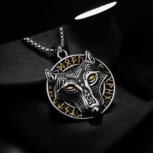 Viking Wolf Necklace | Fenrir Norse Pendant with Runes & Celtic Knots | Stainless Steel Viking Jewelry | Norse Mythology Gift