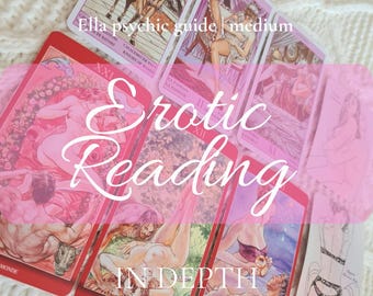Può includere: Una collezione di carte dei tarocchi con illustrazioni erotiche in tonalità rosa e rosso. Le carte mostrano varie figure in pose intime. Il testo sulle carte include "Strong Roman Soul", "Ella psychic guide | medium", "Erotic Reading" e "IN DEPTH".