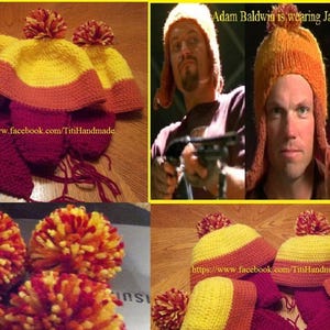 Hand Crochet Jayne&#39;s Hat / Firefly Fans / Hand Knit Earflap Hat with Pom Pom / Cosplay Convention Comic Con / Made to order in any size