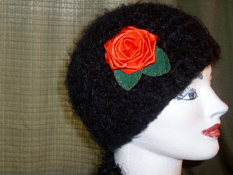 Handmade beanie Red Rose Black Hat crochet Skull with satin red rose and green felt leaves