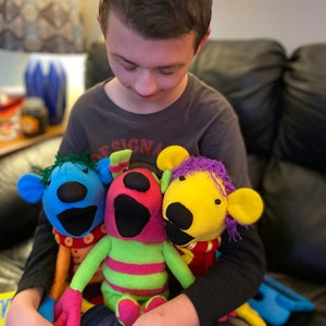 Handmade Dolls inspired by Jack's Big Music Show, Henry the Music Singer, Green Alien, Green Gator, Orange Squirrel Scat Cat, 17" Plushies