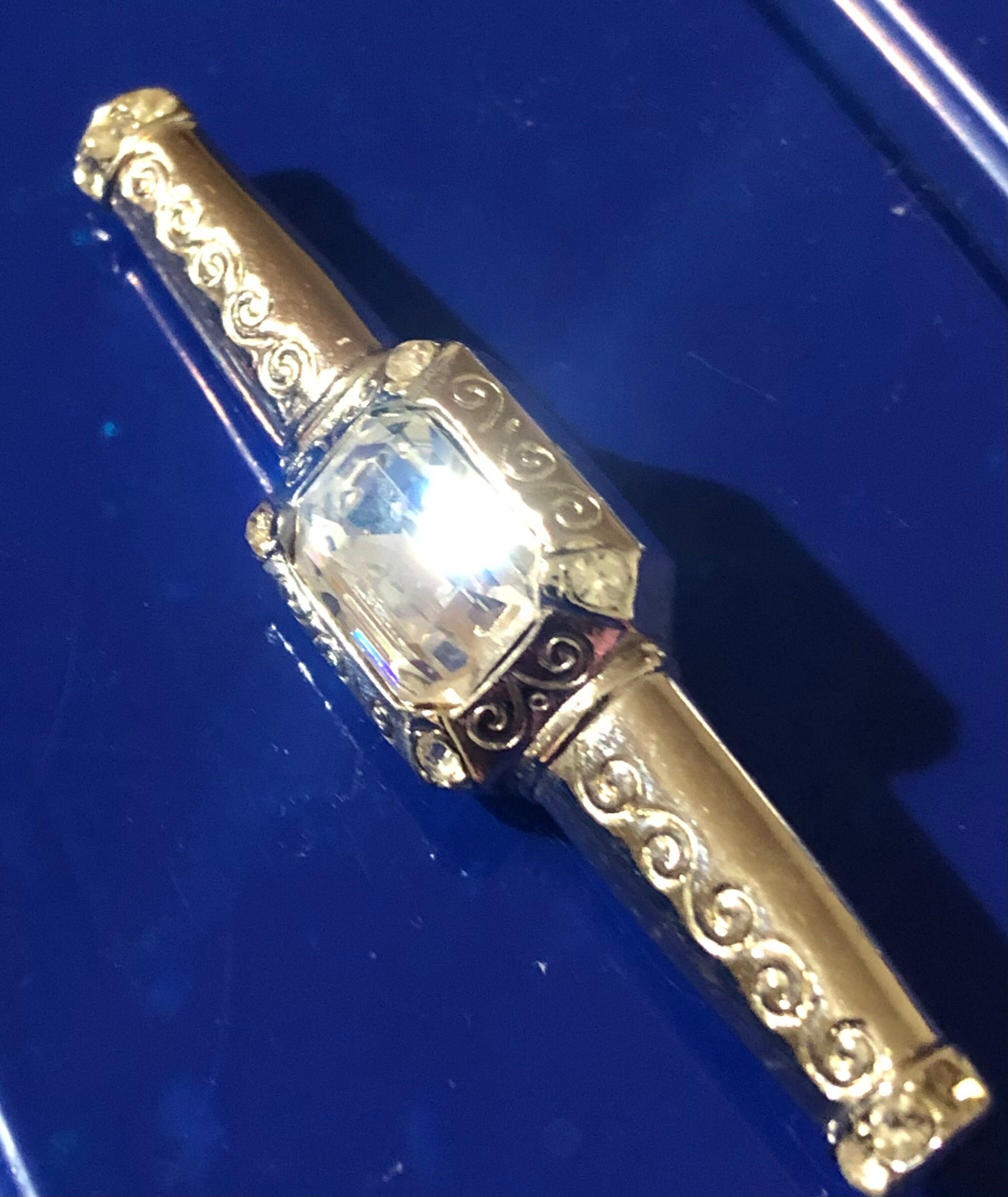 Rare TRIFARI Clear Rhinestone Engraved Silver Scroll Bar Pin