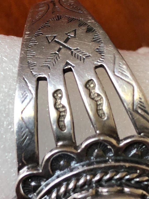 Navajo Carico lake Turquoise Cuff Bracelet, Old Pawn Turquoise Bracelet, Sterling Silver Cuff with Fish, Snakes and Arrows, NA Jewelry View 3