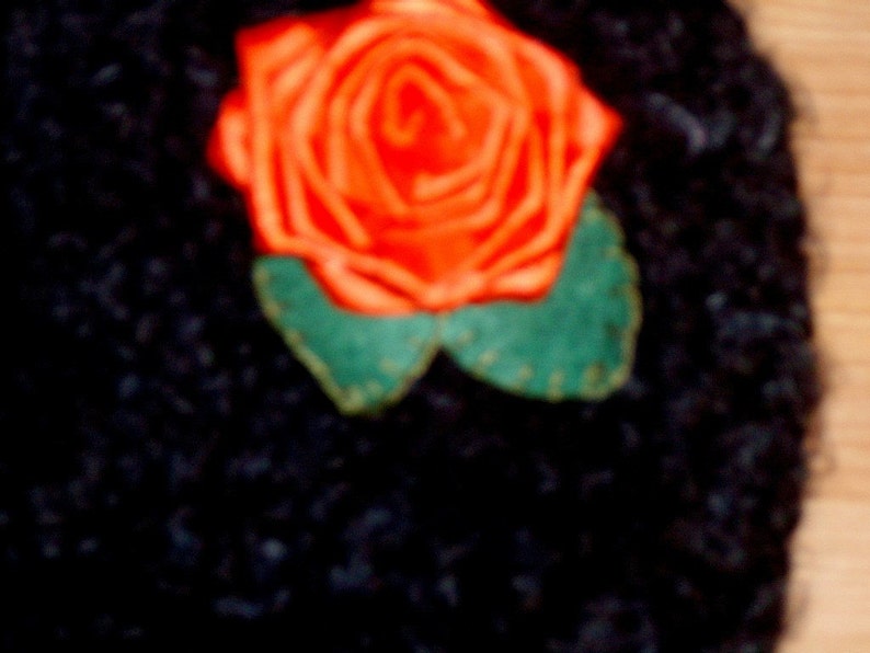 Handmade beanie Red Rose Black Hat crochet Skull with satin red rose and green felt leaves