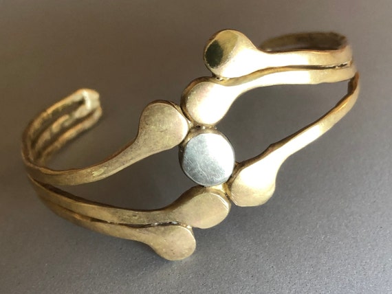 Brutalist Brass Cuff Bracelet, Adjustable Two-ton… - image 1