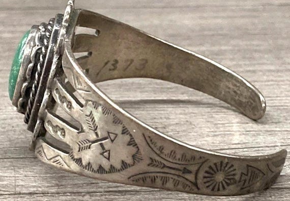 Navajo Carico lake Turquoise Cuff Bracelet, Old Pawn Turquoise Bracelet, Sterling Silver Cuff with Fish, Snakes and Arrows, NA Jewelry View 4