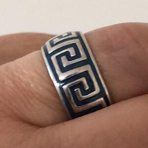 Milor Italy Greek Key Sterling Silver Ring, Wide Enamel Navy Blue Fret Design Wedding Band, Fret Pattern Promising Ring