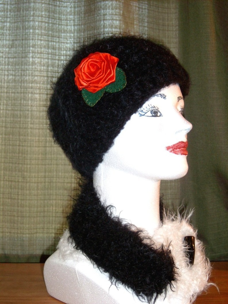 Handmade beanie Red Rose Black Hat crochet Skull with satin red rose and green felt leaves
