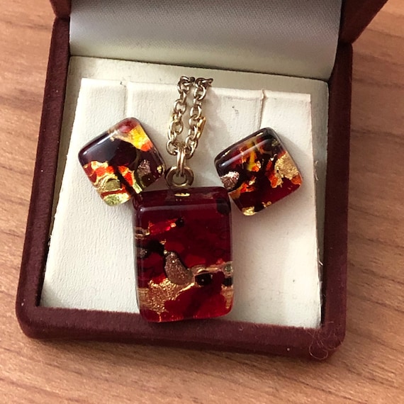 Starry Night Murano Necklace Earrings Set Italian Gold Foiled