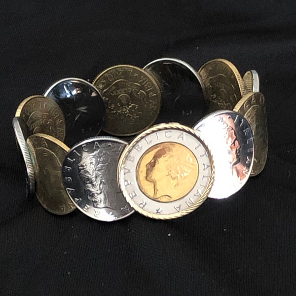 Designer MILOR 14K Yellow Gold Bezel Italian Lira Coins Bracelet in Gold and Silver tones, Stunning Bangle Made of Genuine Italian Coins