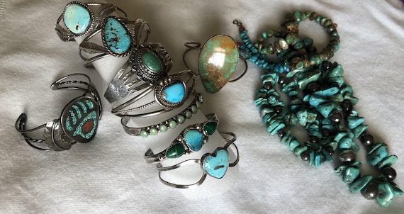 Navajo Carico lake Turquoise Cuff Bracelet, Old Pawn Turquoise Bracelet, Sterling Silver Cuff with Fish, Snakes and Arrows, NA Jewelry View 6