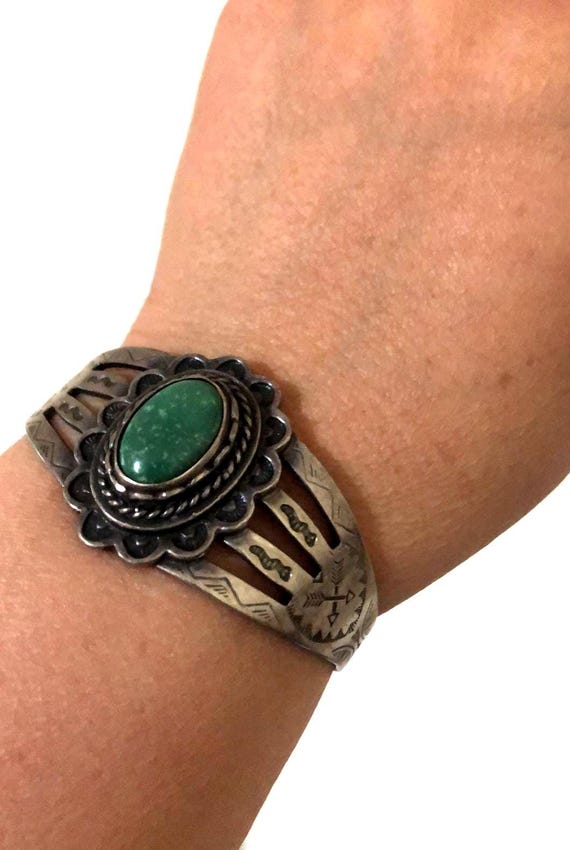 Navajo Carico lake Turquoise Cuff Bracelet, Old Pawn Turquoise Bracelet, Sterling Silver Cuff with Fish, Snakes and Arrows, NA Jewelry