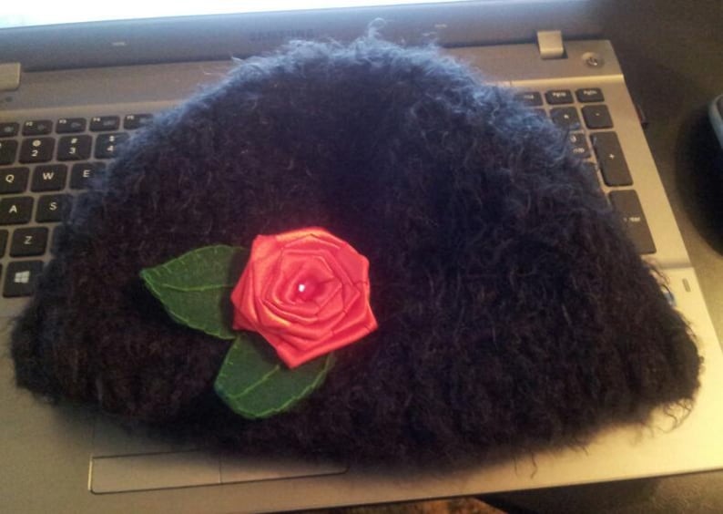 Handmade beanie Red Rose Black Hat crochet Skull with satin red rose and green felt leaves