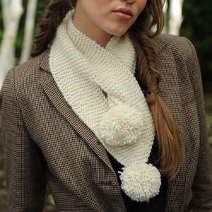 Pom pom Scarf in any color/Pass through Scarf / Hand Knitted Scarf, Ascot, Scarflette / Design your own keyhole scarf