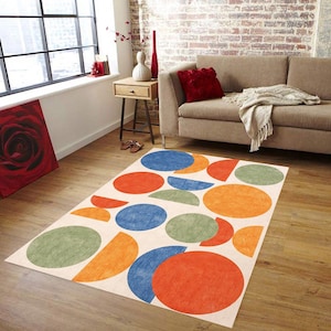 Mid Century Modern Rug – Abstract Geometric Design, Beige Mustard Rust Navy Carpet – Contemporary Area Rug for Living Room or Bedroom