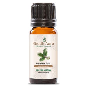 以下が含まれることがあります： 黒いキャップが付いた茶色のガラス瓶で、「Shudh Aura - Ethically Sourced」と「FIR NEEDLE OIL Abies balsamea 100% PURE & NATURAL THERAPEUTIC GRADE」のラベルが付いています。瓶にはモミの針葉のエッセンシャルオイルが入っています。