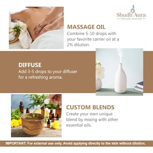 Puede incluir: Un difusor blanco con una base de madera y una flor blanca en el fondo. El texto "Shudh Aura - Ethically Sourced" est&aacute; en la parte superior de la imagen. El texto "DIFFUSE" est&aacute; en un cuadro marr&oacute;n con el texto "A&ntilde;adir 3-5 gotas a tu difusor para un aroma refrescante." debajo. El texto "MASSAGE OIL" est&aacute; en un cuadro marr&oacute;n con el texto "Combinar 5-10 gotas con tu aceite portador favorito a una diluci&oacute;n del 2%." debajo. El texto "CUSTOM BLENDS" est&aacute; en un cuadro marr&oacute;n con el texto "Crea tu propia mezcla &uacute;nica mezclando con otros aceites esenciales." debajo. El texto "IMPORTANTE: Para uso externo &uacute;nicamente. Evite aplicar directamente sobre la piel sin diluir." est&aacute; en la parte inferior de la imagen.