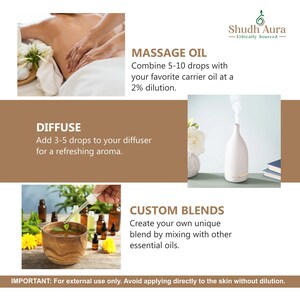 May include: An advertisement for essential oils. The image shows a massage, a diffuser, and a wooden bowl with essential oils. Text includes instructions for use: massage oil, diffuse, and custom blends. The text also states: "For external use only."