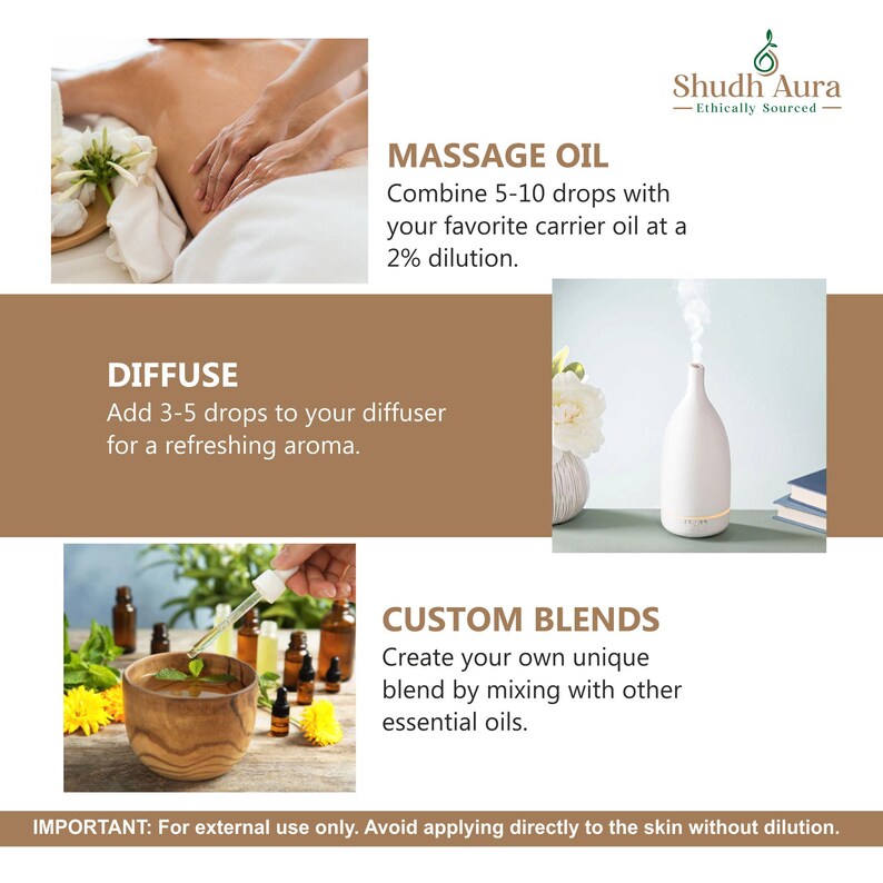 May include: An advertisement for essential oils. The image shows a massage, a diffuser, and a wooden bowl with essential oils. Text includes instructions for use: massage oil, diffuse, and custom blends. The text also states: "For external use only."