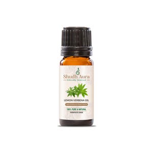 May include: A small amber glass bottle with a black cap containing Lemon Verbena Oil. The bottle label is white with green text and a green illustration of a lemon verbena plant. The label reads "Shudh Aura Ethically Sourced Lemon Verbena Oil 100% Pure & Natural Therapeutic Grade".